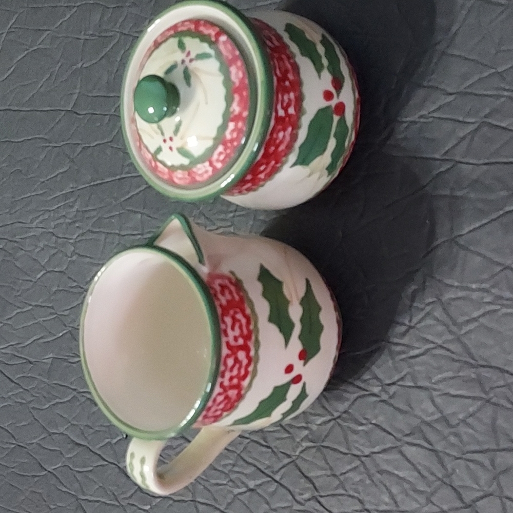 Temptations by Tara Sugar w/Lid &Creamer Red/Green Holly Design